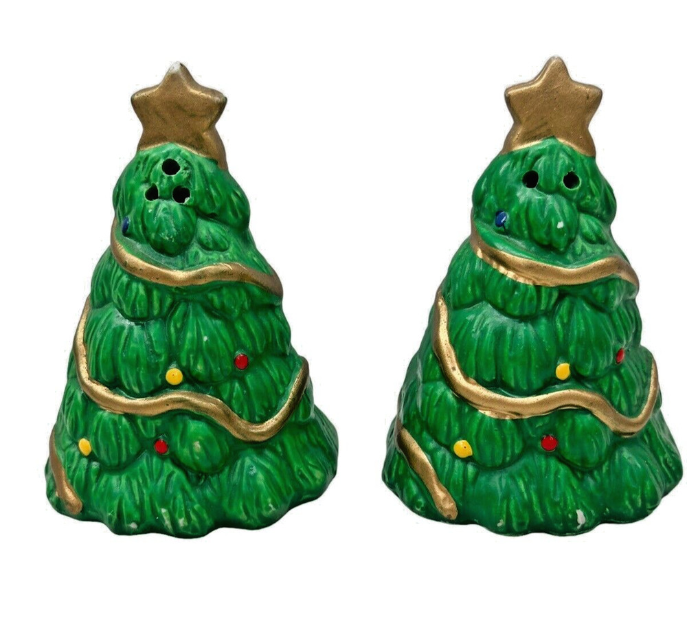 Christmas Tree Salt & Pepper Shaker Set Green With Gold Holiday Star 3.5 Inch